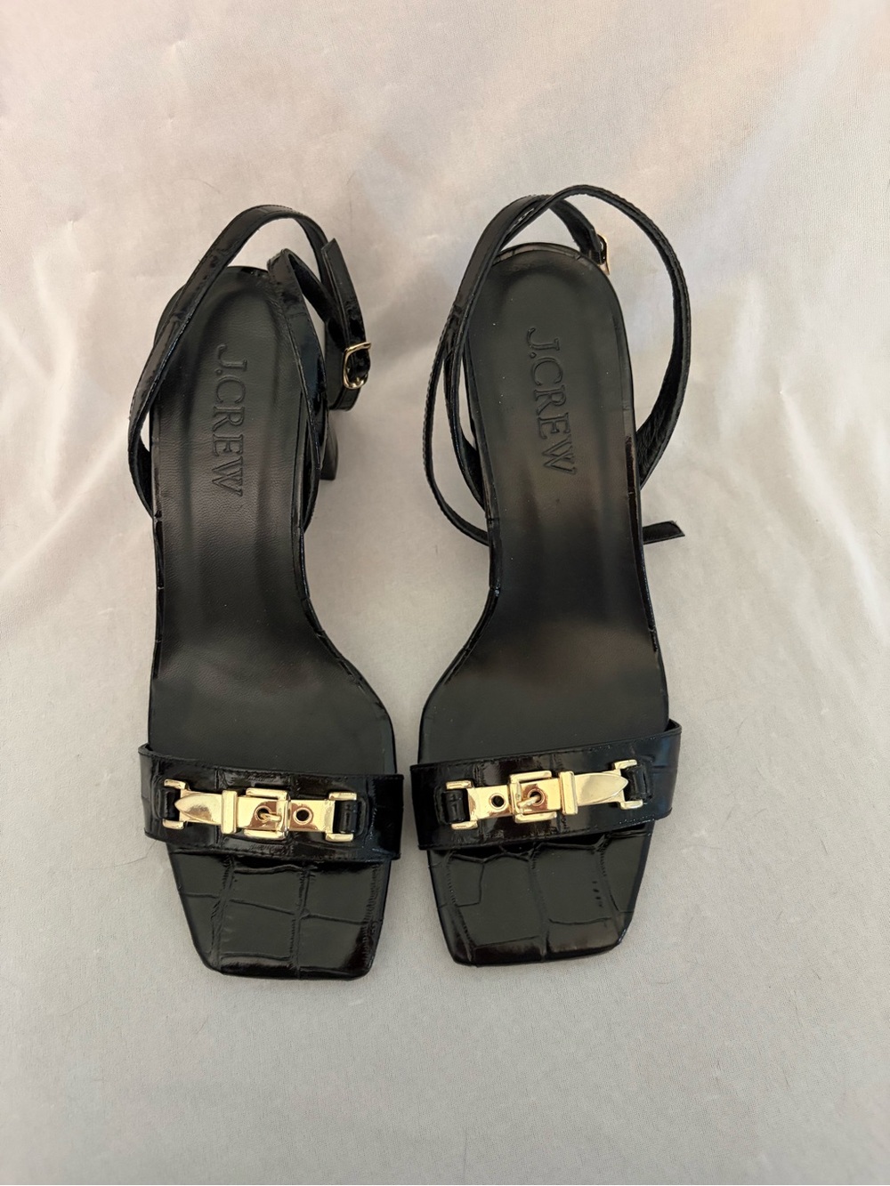 J. Crew Black Croc Embossed Italian Leather Slingback Heels Gold Hardware 7